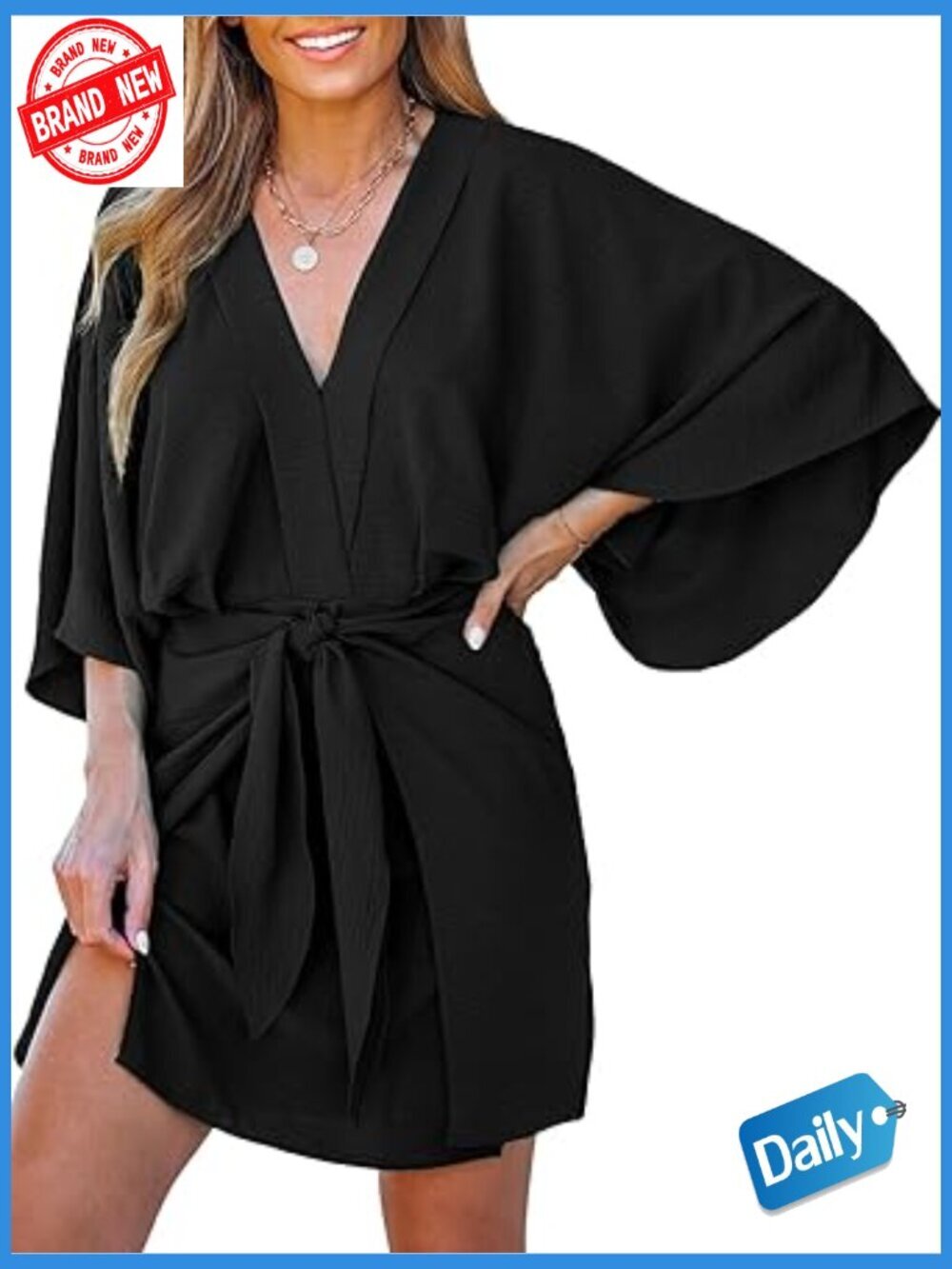 V Neck Kimono Sleeve Mini Dress Loose Fit Belted Cover Up